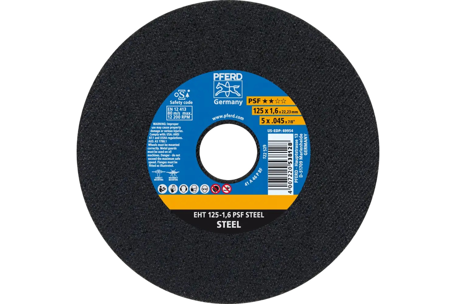 Picture of Pferd Cut-Off Wheel, 5" X .045 X 7/8, Psf Steel, T1, Aluminum Oxide